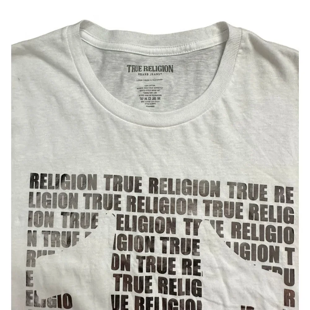 NWT‎ True Religion Brand Script All Over Silver Foil Graphic White Shirt Size L